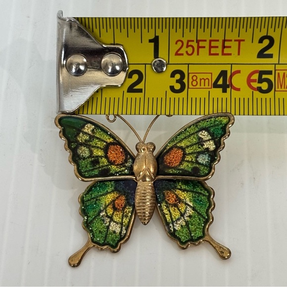 Vintage Glitter Sparkly Orange/Green Goldtone Enamel Metal Butterfly Brooch Pin - Picture 4 of 5